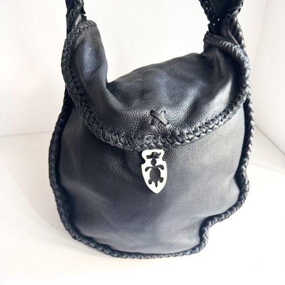 Vintage Black Leather Whipstitch Detail Slouchy Hobo Bag - Picture 5 of 12